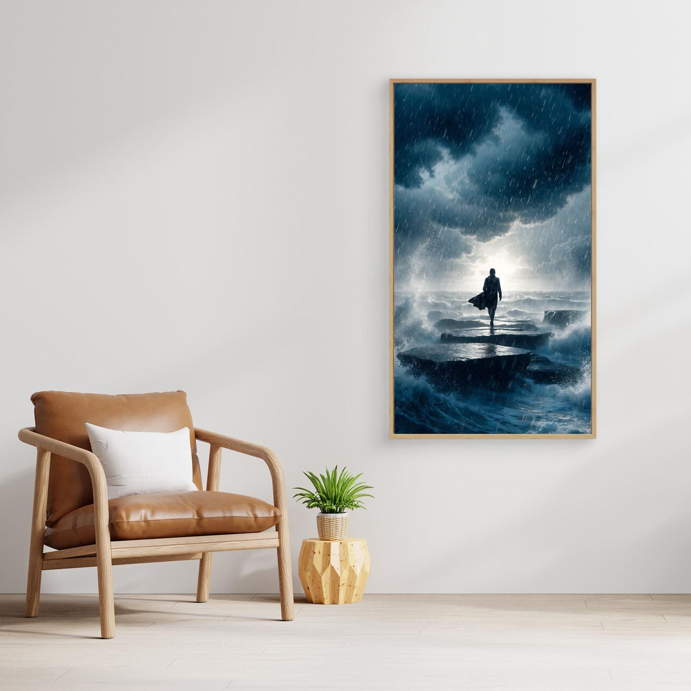 Durch den Sturm – eine einsame Gestalt auf einem Weg durch Regen, Wellen und dunkle Wolken als XXL Leinwandbild | FAR No. 03