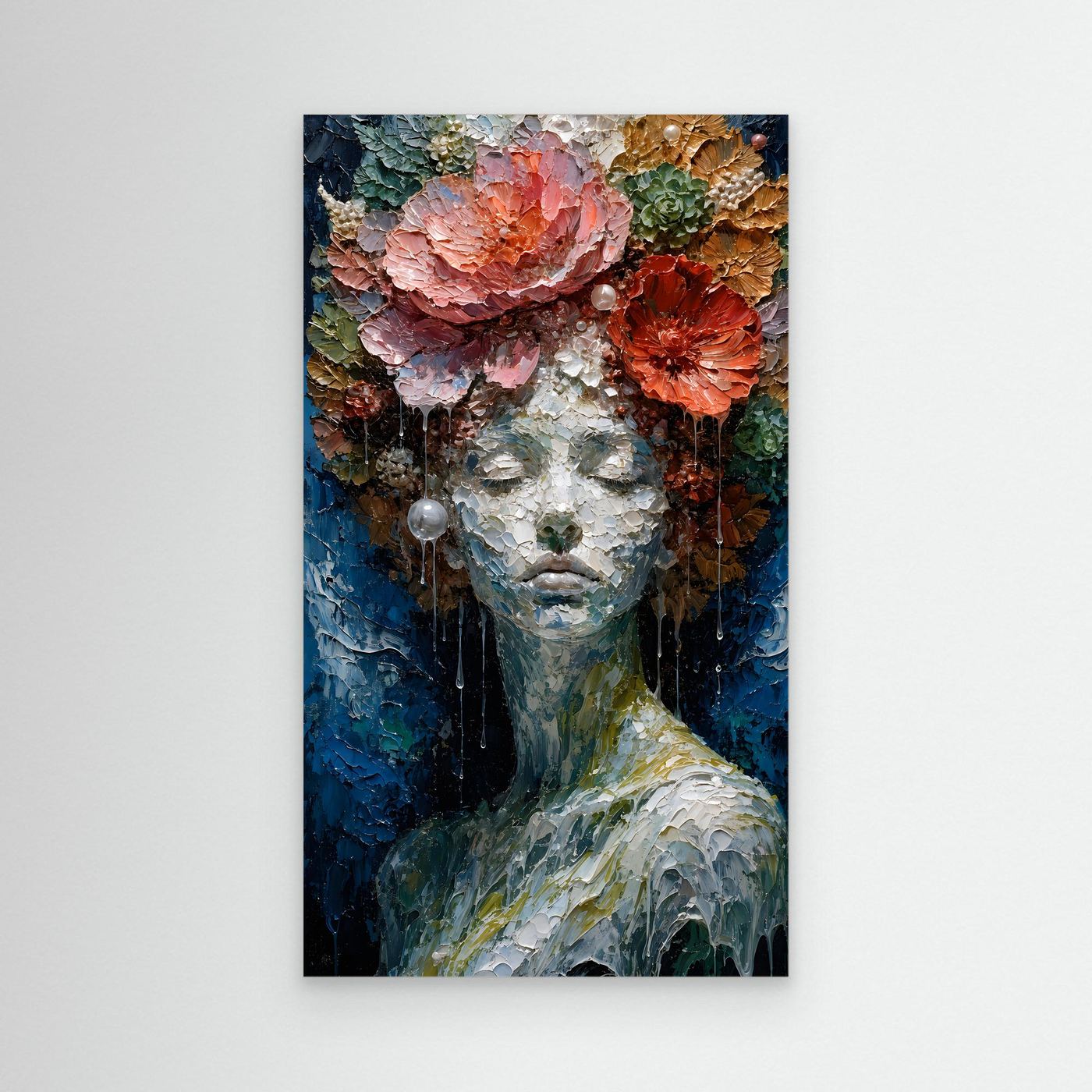 Blühende Stille – Feminines XXL Leinwandbild mit Blumen in Blau und Koralle | CALM 01