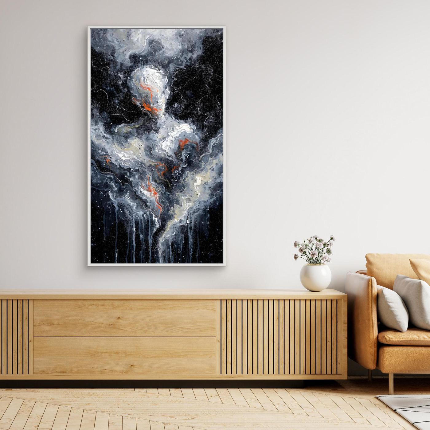 Lichtgestalt – eine helle abstrakte Gestalt in einem kosmischen Nebel als XXL Leinwandbild