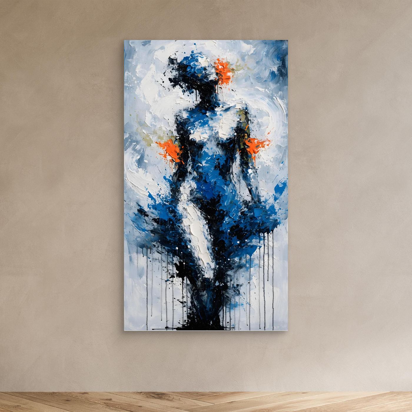 Aufrecht im Blau – eine aufrechte abstrakte Figur aus dynamischen Pinselspuren als XXL Leinwandbild | FOCUS No. 05